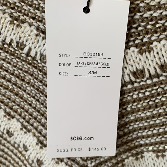 BCBG MAX AZRIA OLIVE GREEN CREAM GOLD METALLIC STRIPE HOOD FRINGE PONCHO SZ S/M - Picture 6 of 10